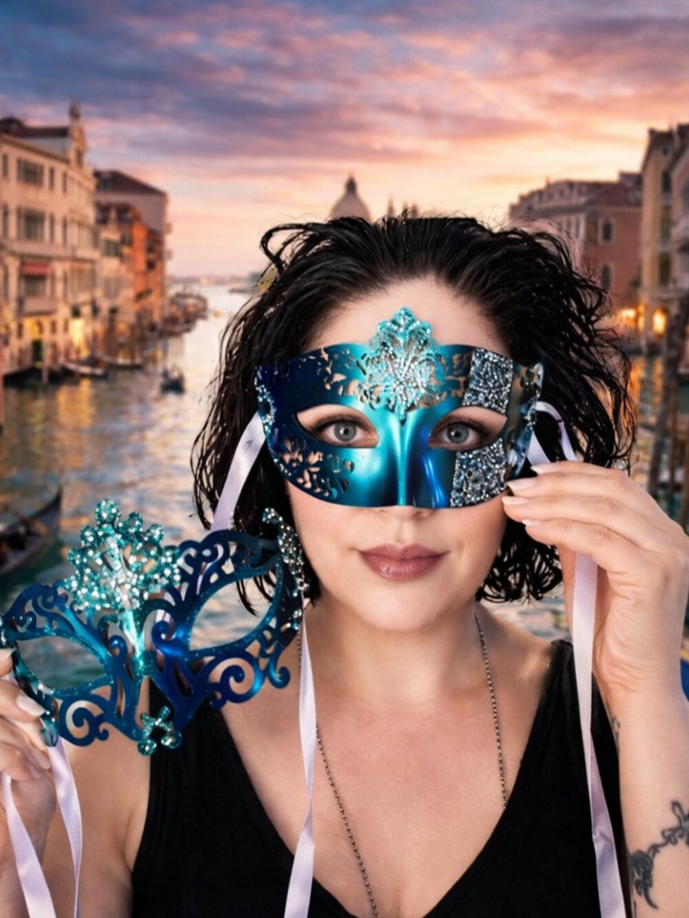 Set of 2 Teal Blue Venetian Masquerade Masks with Rhinestones and ribbon closure